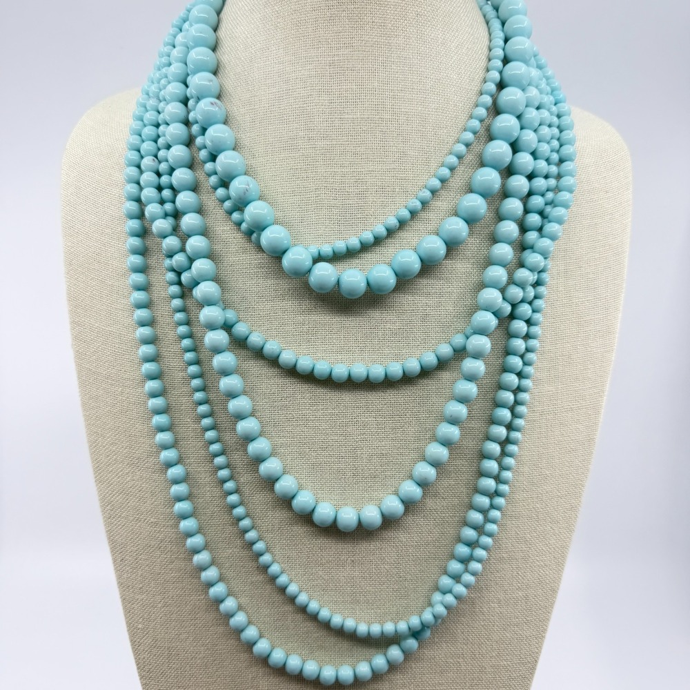 Light Blue Multi Strand Beaded Statement Necklace Boho Layered Jewelry Gift